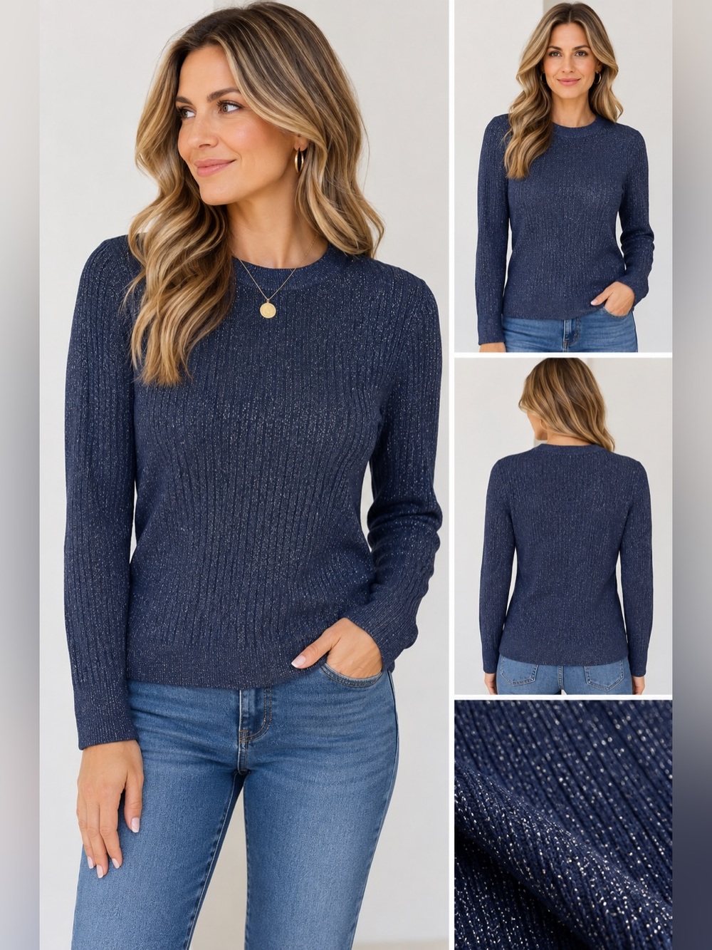 LOFT Navy Metallic Ribbed Lightweight Knit Top NWT Size L
